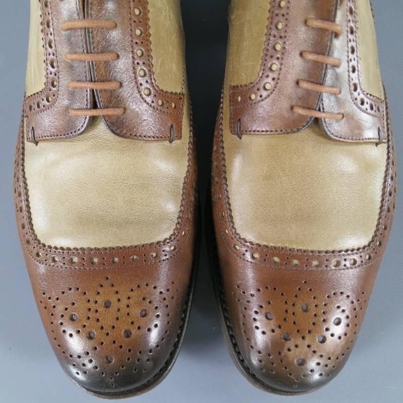 PRADA Size 8 Tan & Brown Two Tone Wing Top Brogue Leather Lace Up In Good Condition In San Francisco, CA