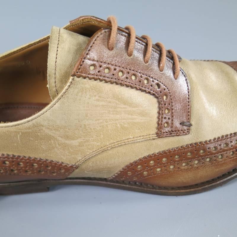 PRADA Size 8 Tan & Brown Two Tone Wing Top Brogue Leather Lace Up 1