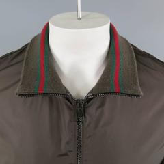 GUCCI Men's 42 Brown Poliammide/ Leather Striped Collar Bomber Jacket
