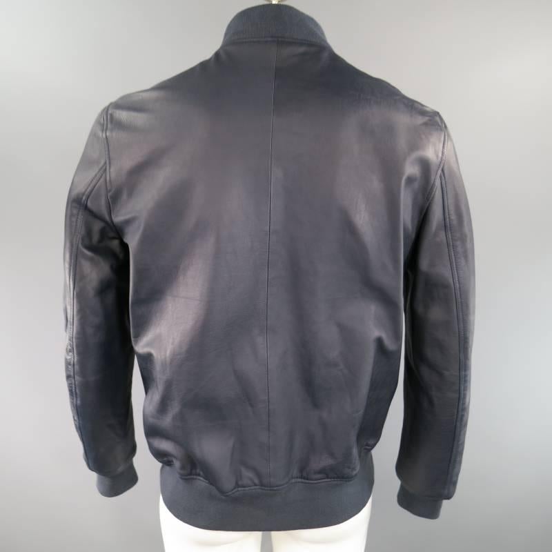 Gray PS by PAUL SMITH 42 Navy Leather Gold Zip Bomber Jacket
