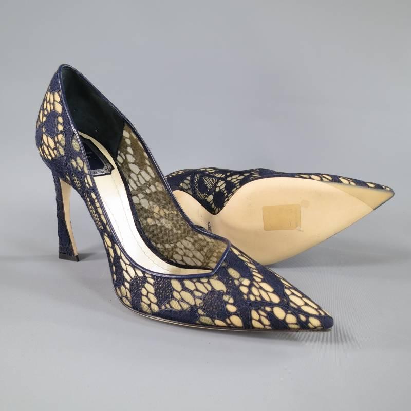 Black CHRISTIAN DIOR Raf Simons Size 8.5 Navy Lace Pointed Toe Songe Curved Heel Pumps