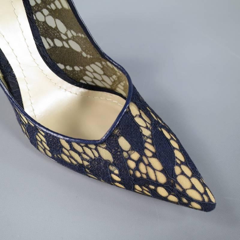 CHRISTIAN DIOR Raf Simons Size 8.5 Navy Lace Pointed Toe Songe Curved Heel Pumps 2
