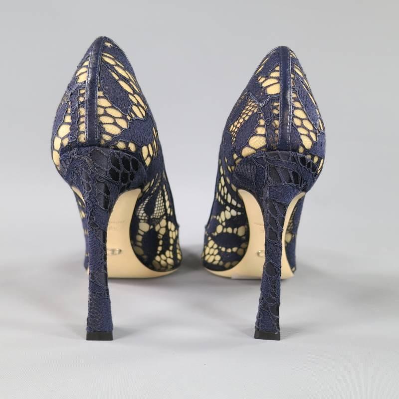 CHRISTIAN DIOR Raf Simons Size 8.5 Navy Lace Pointed Toe Songe Curved Heel Pumps 3