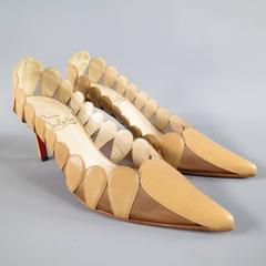 CHRISTIAN LOUBOUTIN Size 7 Tan Beige Leather Scalloped Mesh Cutout Pumps