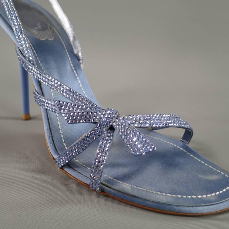 Gray RENE CAOVILLA 10 Light Blue Swarovski Crystal Bow Strap Silk Slingback Sandals