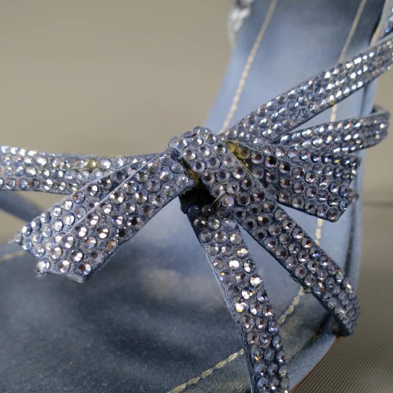 Women's RENE CAOVILLA 10 Light Blue Swarovski Crystal Bow Strap Silk Slingback Sandals