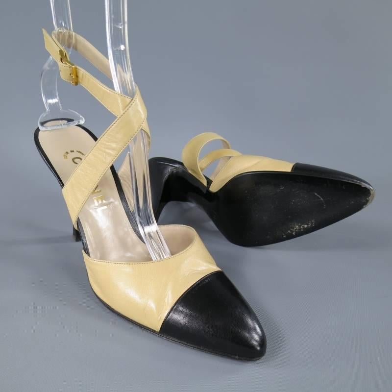CHANEL Size 8.5 Beige Leather Black Cap Toe Cross Ankle Strap Pumps In Excellent Condition In San Francisco, CA