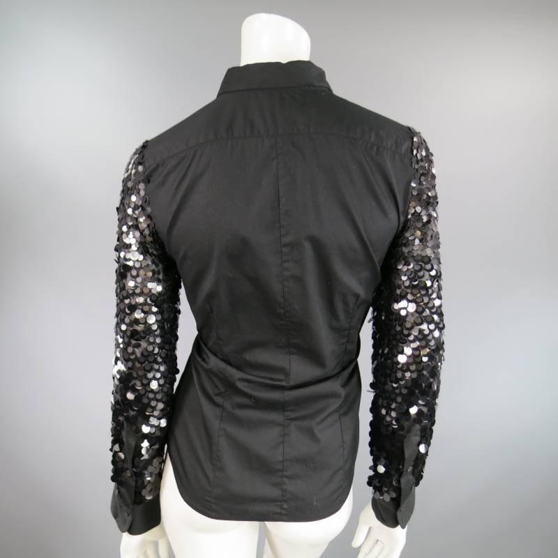 DRIES VAN NOTEN Size 8 Black Cotton / Silk Payette Sequin Sleeves Blouse 1