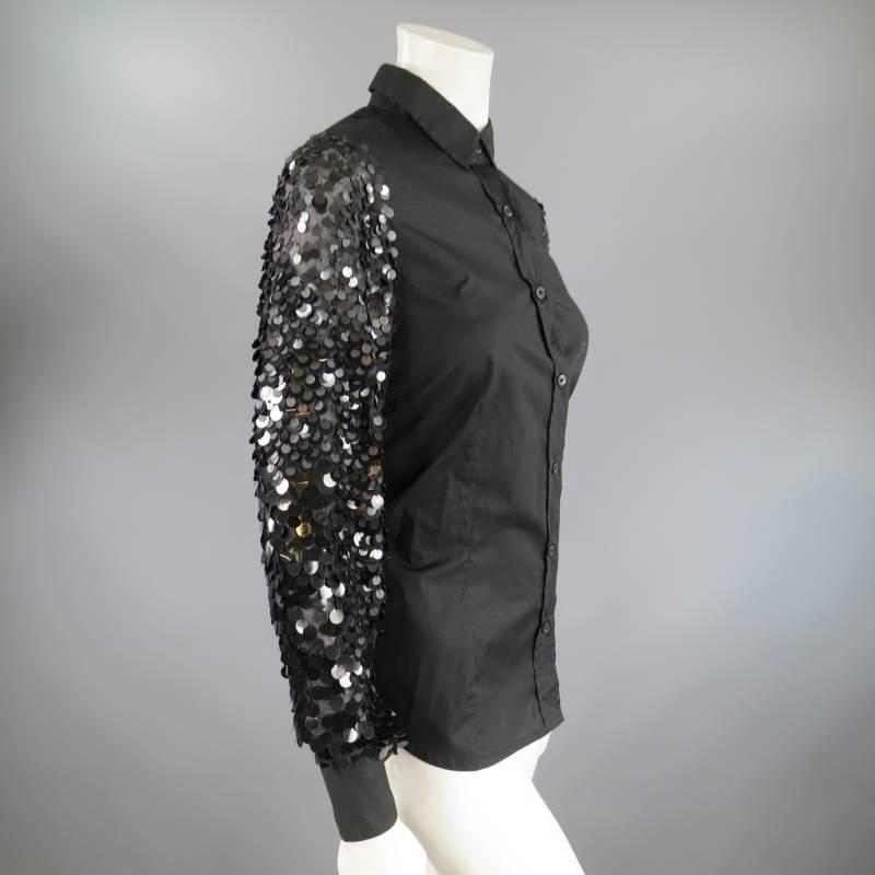 DRIES VAN NOTEN Size 8 Black Cotton / Silk Payette Sequin Sleeves Blouse In Excellent Condition In San Francisco, CA