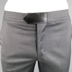 HERMES Size 32 Black Wool Leather Tab Waist Dress Pants