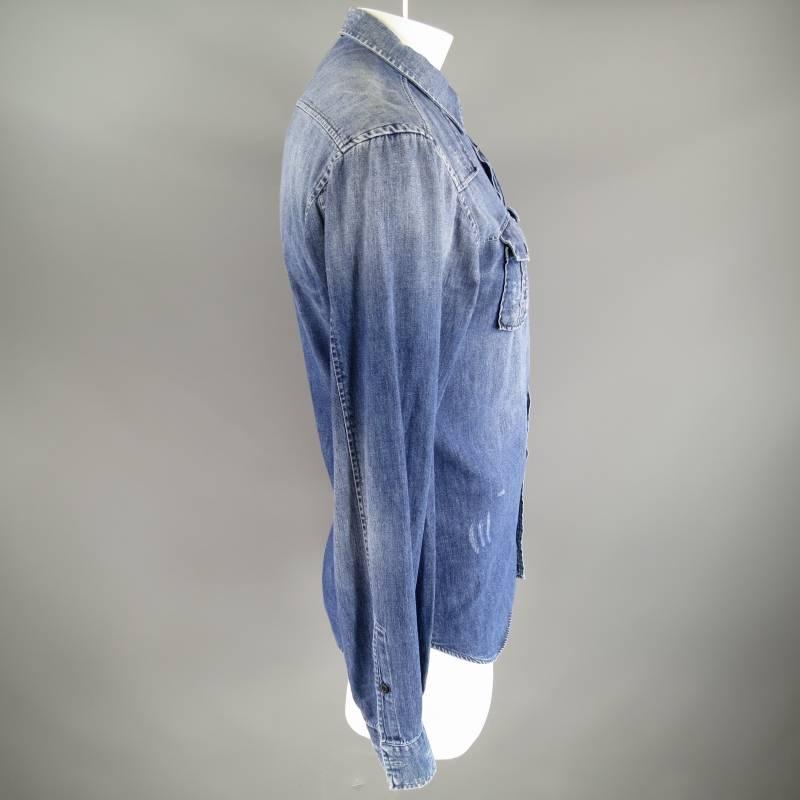 PIERRE BALMAIN Men's Size L Washed Indigo Denim Long Sleeve Shirt In Excellent Condition In San Francisco, CA