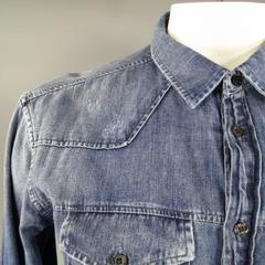 PIERRE BALMAIN Men's Size L Washed Indigo Denim Long Sleeve Shirt