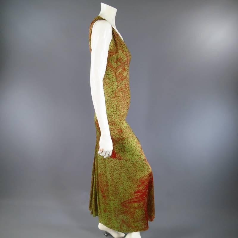 Brown Jean Paul Gaultier Green and Red Geometric Print Rayon Maxi Dress