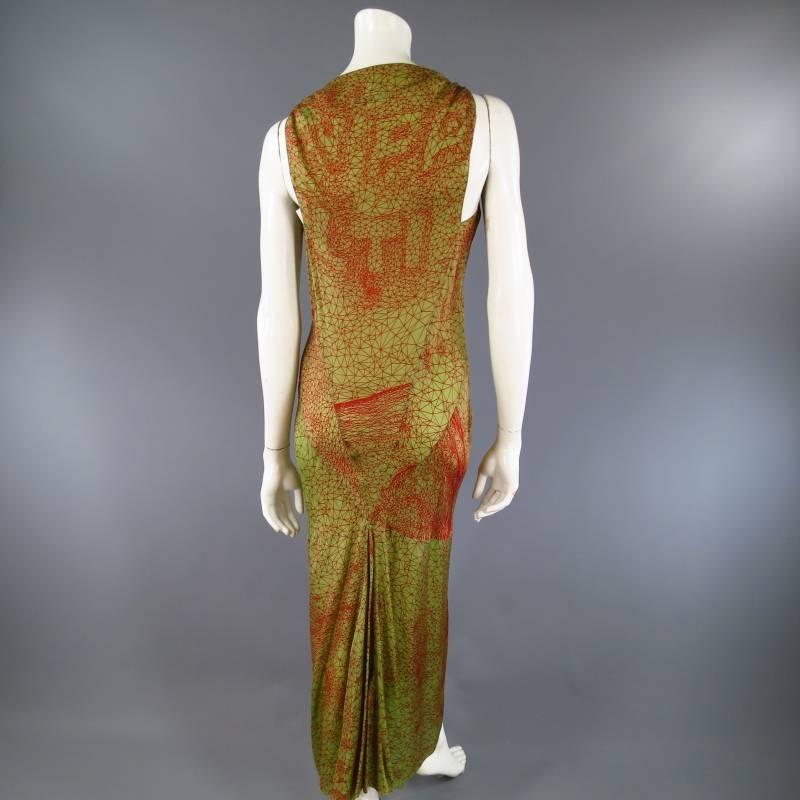 Women's Jean Paul Gaultier Green and Red Geometric Print Rayon Maxi Dress