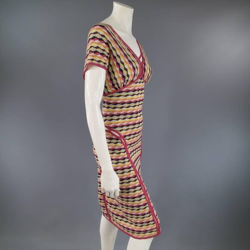 MISSONI Size 8 Pink Ranbow Striped Cut Out Piping V Neck Dress In Excellent Condition In San Francisco, CA