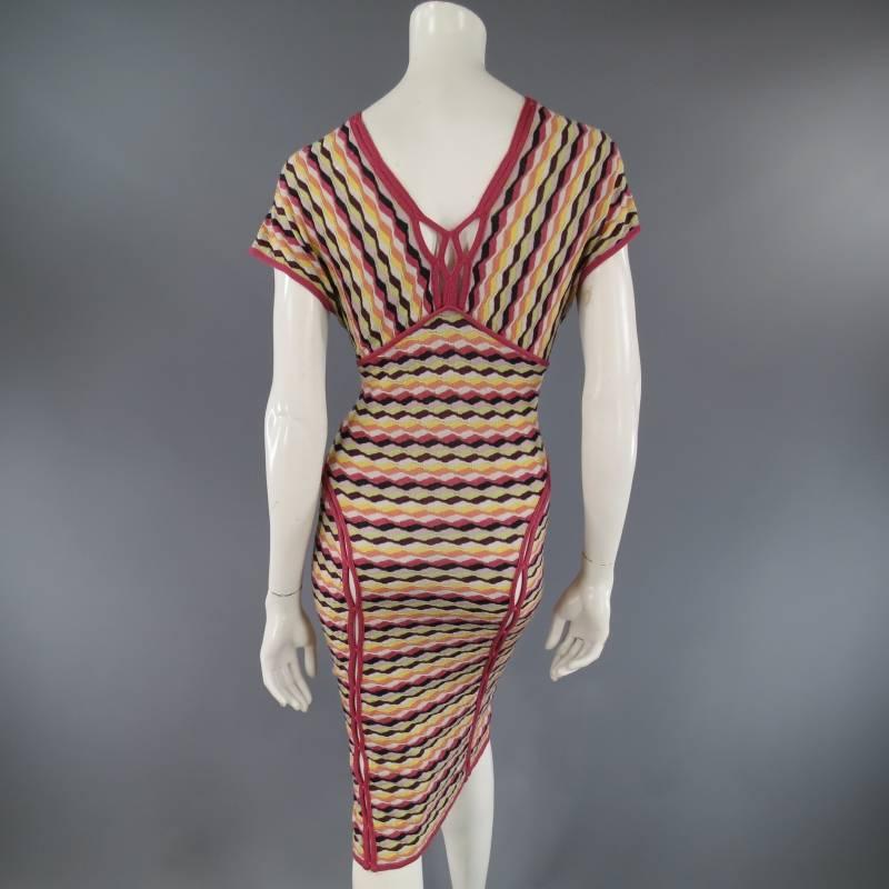 MISSONI Size 8 Pink Ranbow Striped Cut Out Piping V Neck Dress 2