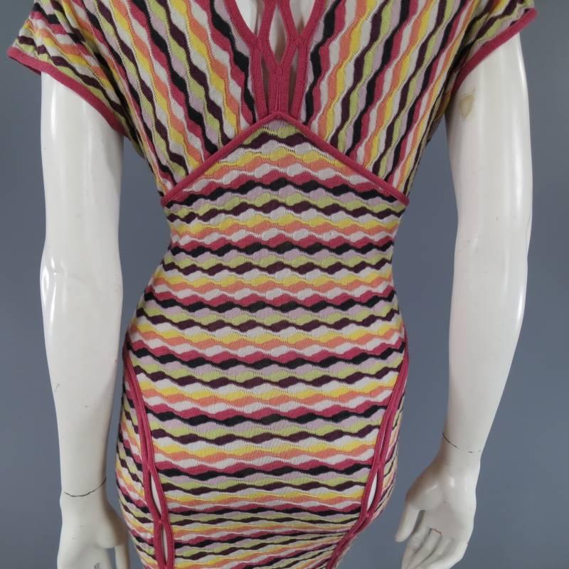 MISSONI Size 8 Pink Ranbow Striped Cut Out Piping V Neck Dress 3