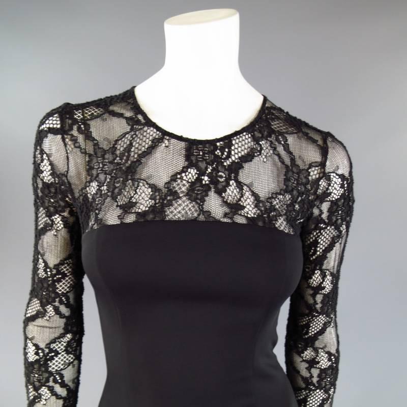 This sexy VERSACE cocktail dress comes in a black stretch viscose and features a long sleeved sheer lace top with scoop neck, light gold tone stud button and zip closure, curved bust line bodycon stretch viscose body, and lace trim. Made in Italy.
