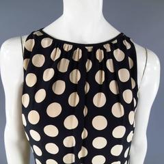 AKRIS Size 8 Black & Beige Polka Dot Silk Pleated Sleeveless Shift Dress