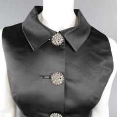 BARBARA TFANK Size 8 Black Silk Satin Collar Rhinestone Button Cocktail Dress