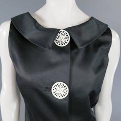 BARBARA TFANK Size 6 Black Silk Satin Collar Cream Cutout Button Cocktail Dress