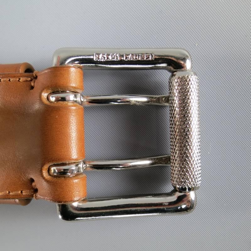 RALPH LAUREN Tan Brown Leather Silver Double Prong Buckle Belt In Excellent Condition In San Francisco, CA