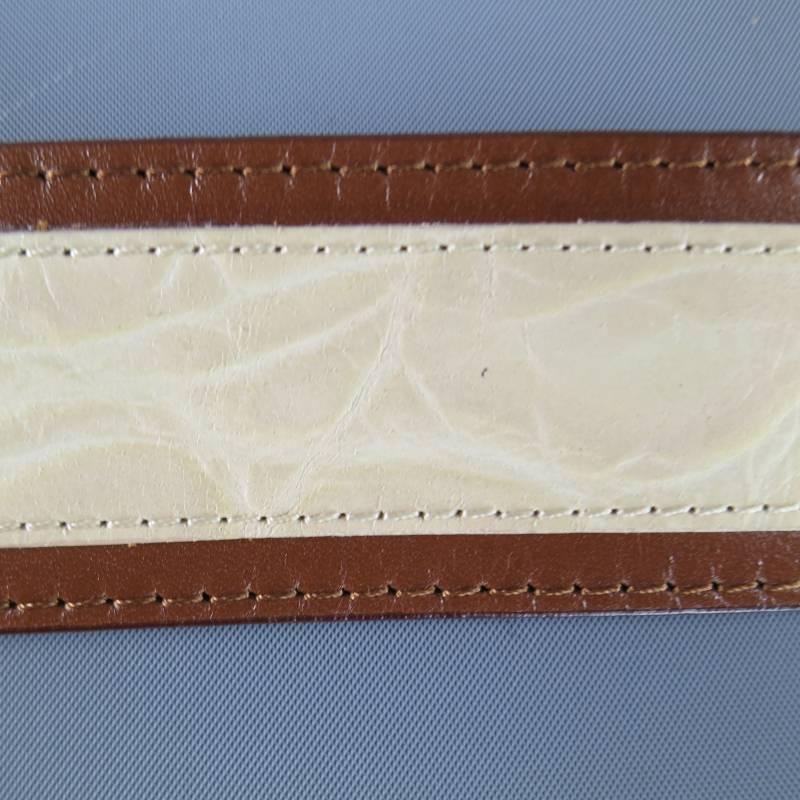 White Etro Cream Alligator Embossed Brown Stripe Leather Belt