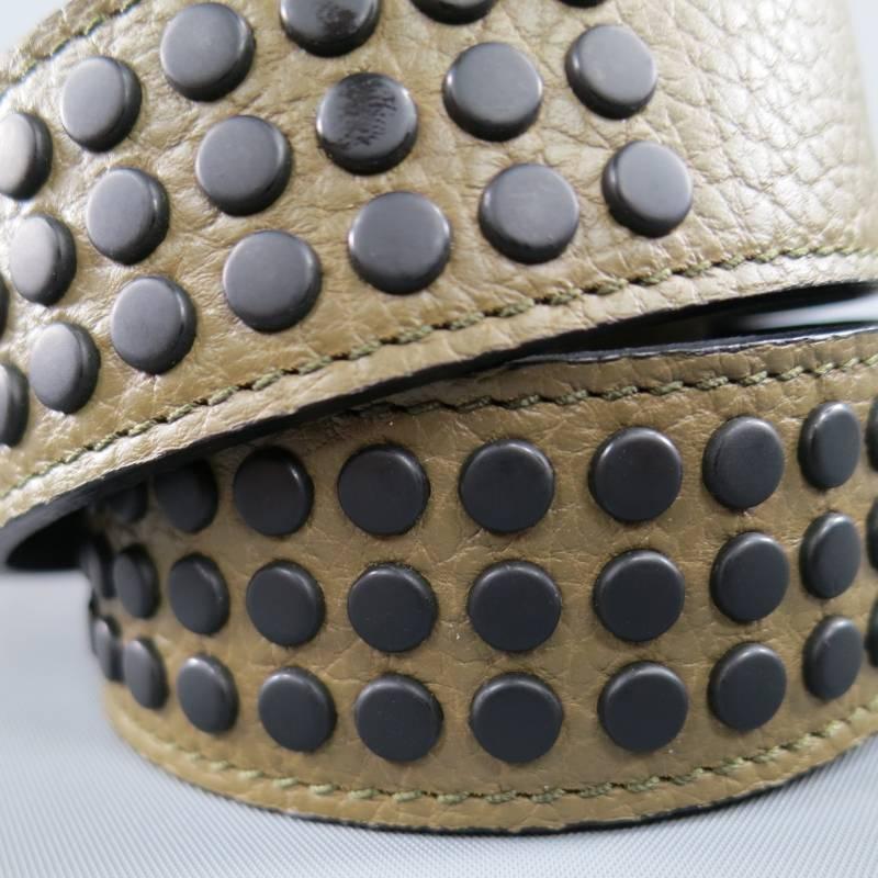 BURBERRY Olive Khaki Green Textured Leather Matte Black Studded Belt In Excellent Condition In San Francisco, CA