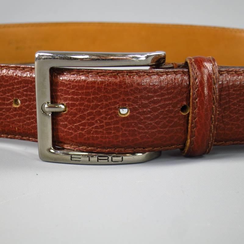 ETRO Rich Brown Leather Engraved Silver Rectangle Buckle Belt In Excellent Condition In San Francisco, CA