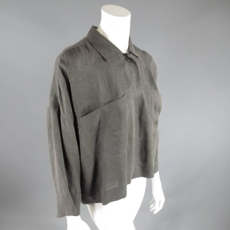 ISSEY MIYAKE Size S Charcoal Linen Slouch Shoulder Blouse In Excellent Condition In San Francisco, CA