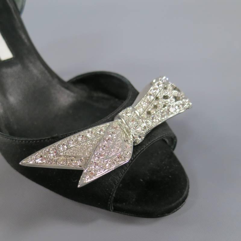 OSCAR DE LA RENTA Size 6.5 Black Silk Silver Crystal Bow D'Orsay Pumps 1