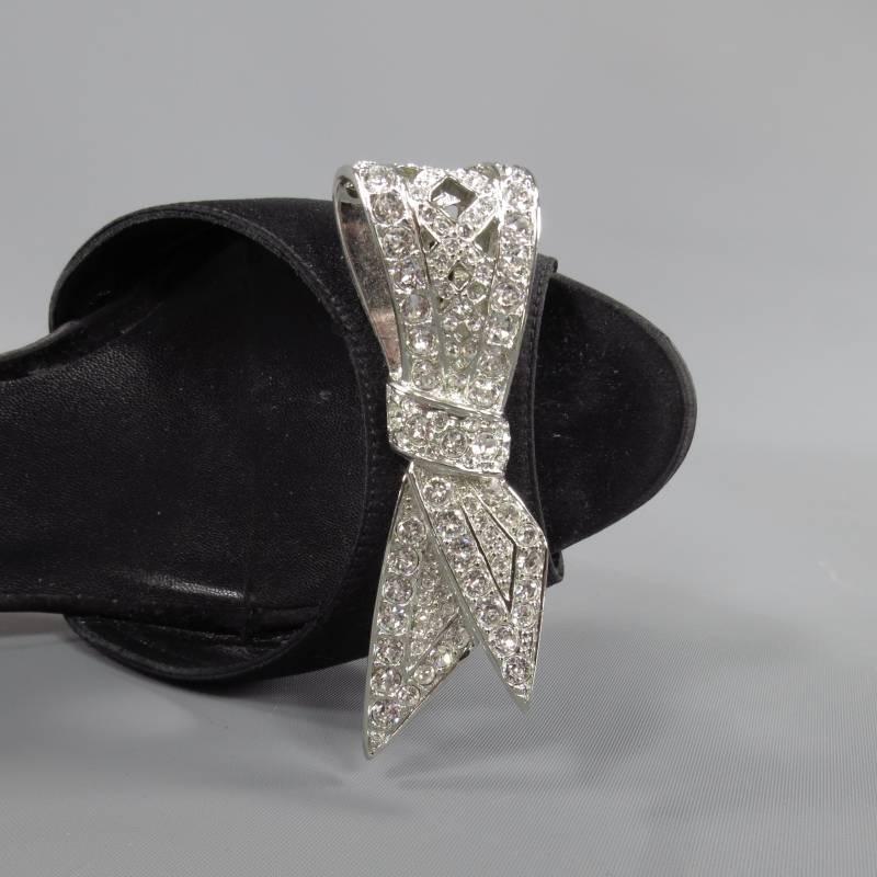 OSCAR DE LA RENTA Size 6.5 Black Silk Silver Crystal Bow D'Orsay Pumps 2