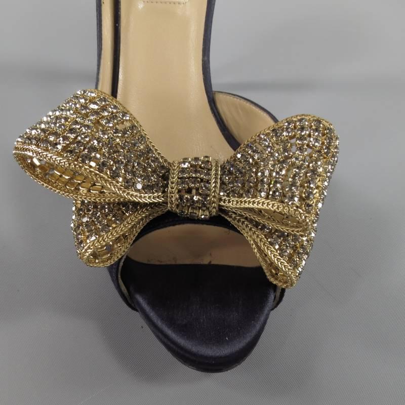 VALENTINO Size 6.5 Navy Silk Satin Gold Rhinestone Bow D'Orsay Pumps In Excellent Condition In San Francisco, CA