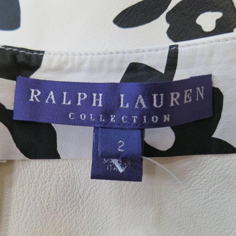 RALPH LAUREN Size 2 White Black FLoral Print Leather A line Skirt 2
