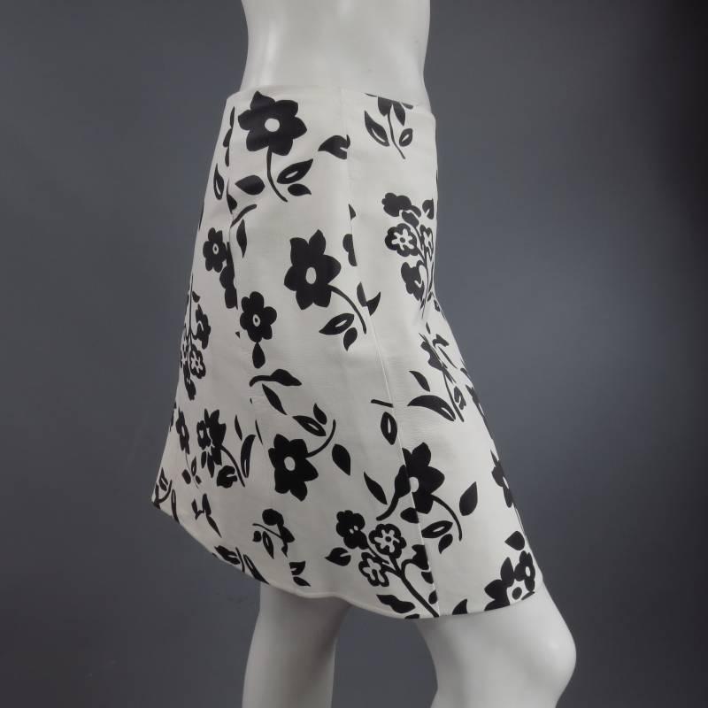Women's RALPH LAUREN Size 2 White Black FLoral Print Leather A line Skirt
