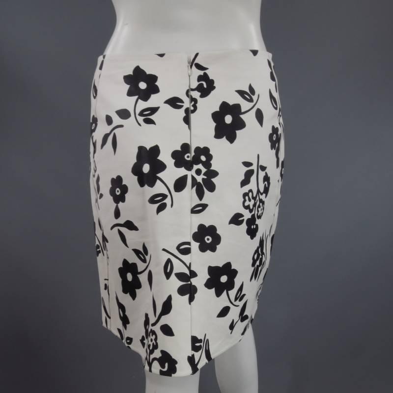 RALPH LAUREN Size 2 White Black FLoral Print Leather A line Skirt 1