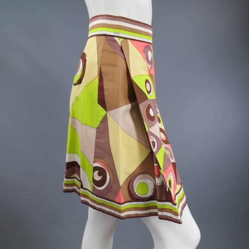 Vintage EMILIO PUCCI Size XS Brown Pink & Green Print Pleated Cotton Skirt In Excellent Condition In San Francisco, CA