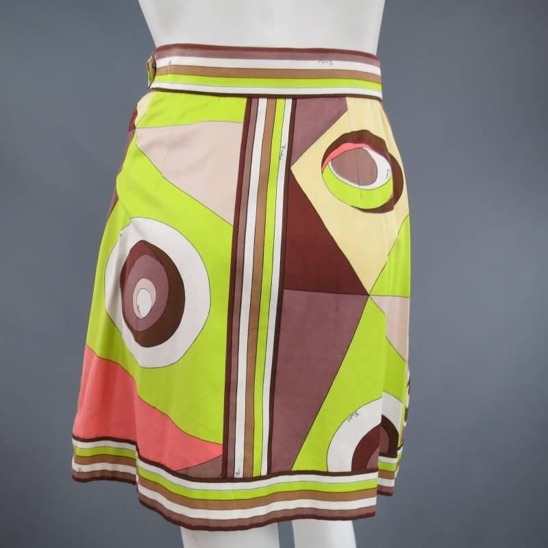 Vintage EMILIO PUCCI Size XS Brown Pink & Green Print Pleated Cotton Skirt 1