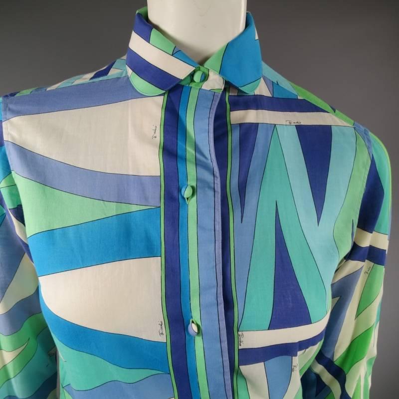 Vintage EMILIO PUCCI Size M Blue Navy & Teal Print Sheer Cotton Blouse In Excellent Condition In San Francisco, CA