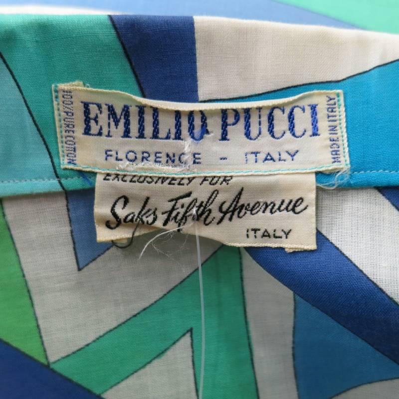 Vintage EMILIO PUCCI Size M Blue Navy & Teal Print Sheer Cotton Blouse 5