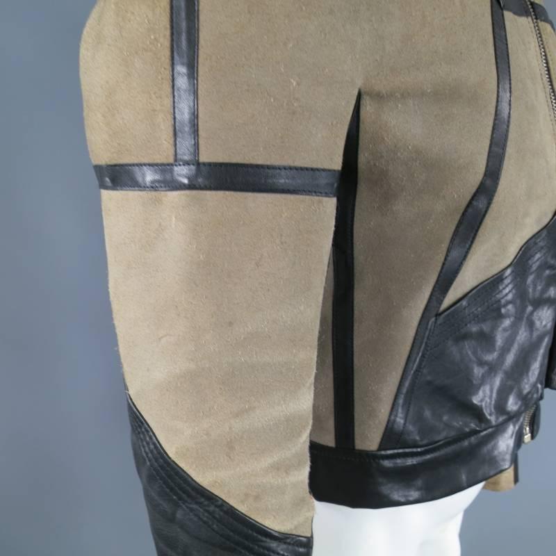 RICK OWENS 42 Taupe & Black Distressed Suede & Leather Motorcycle Jacket In Excellent Condition In San Francisco, CA