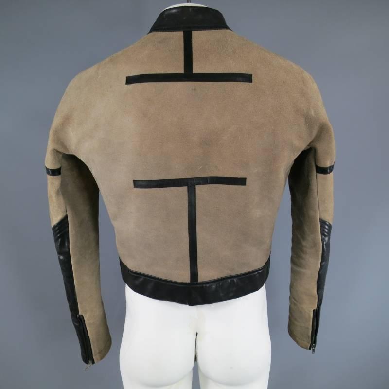 Men's RICK OWENS 42 Taupe & Black Distressed Suede & Leather Motorcycle Jacket