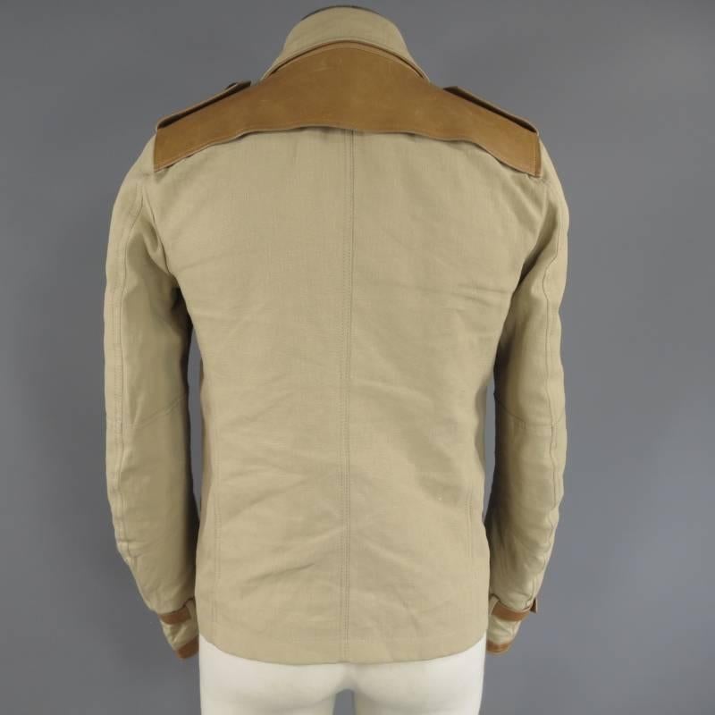 BELSTAFF 38 Khaki Beige Linen Blend & Tan Leather Double Breasted Jacket 4