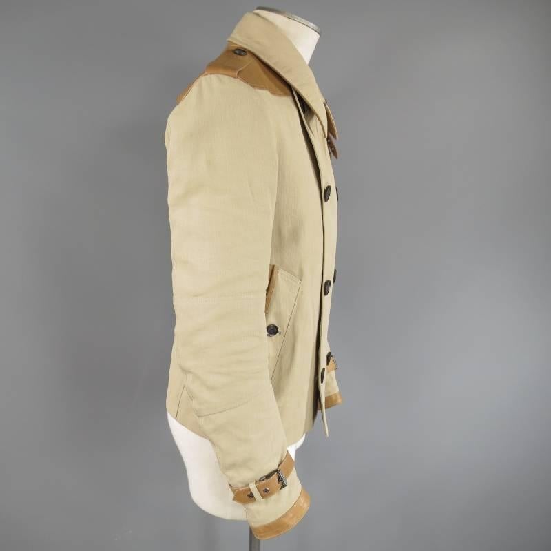 Women's BELSTAFF 38 Khaki Beige Linen Blend & Tan Leather Double Breasted Jacket