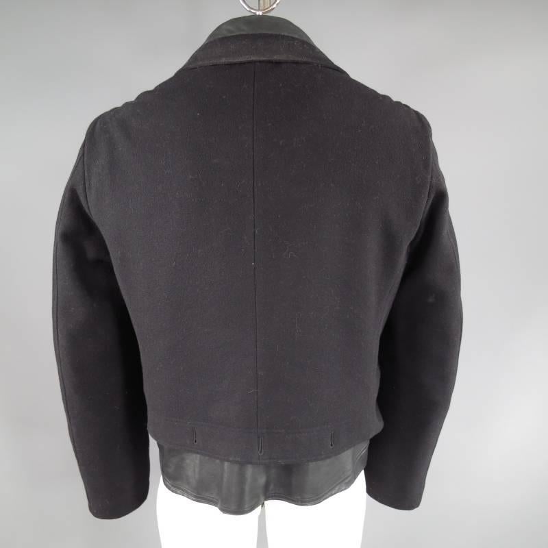 VERSACE 42 Black Wool & Leather Button Collar Zip Jacket 3