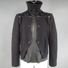 VERSACE 42 Black Wool & Leather Button Collar Zip Jacket