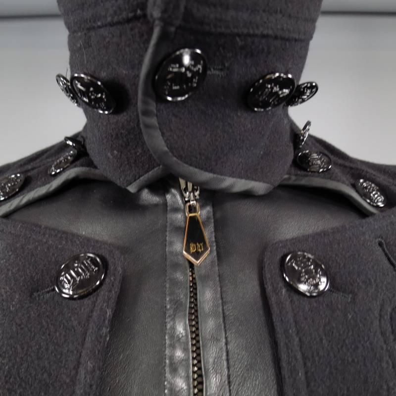 VERSACE 42 Black Wool & Leather Button Collar Zip Jacket In Excellent Condition In San Francisco, CA