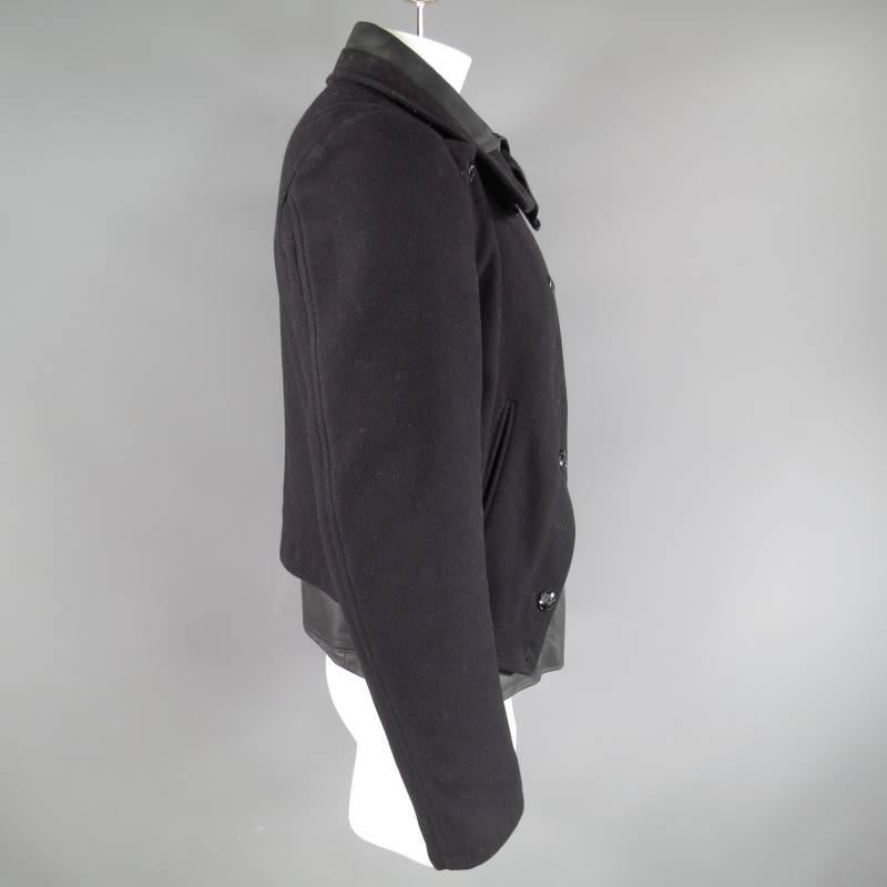 VERSACE 42 Black Wool & Leather Button Collar Zip Jacket 2