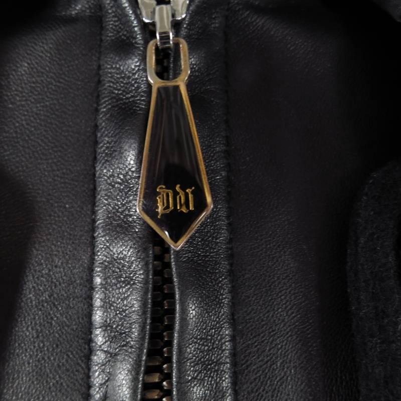 Men's VERSACE 42 Black Wool & Leather Button Collar Zip Jacket