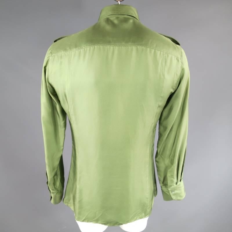 TOM FORD for GUCCI Men's Size L Green Silk Satin Military Epaulet Pockets Shirt 1